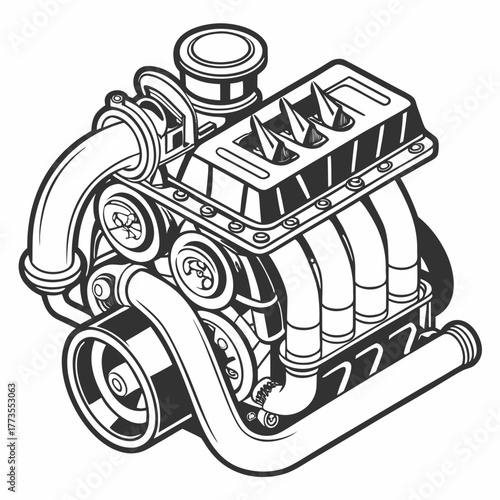 Black and white vector illustration of a car engine