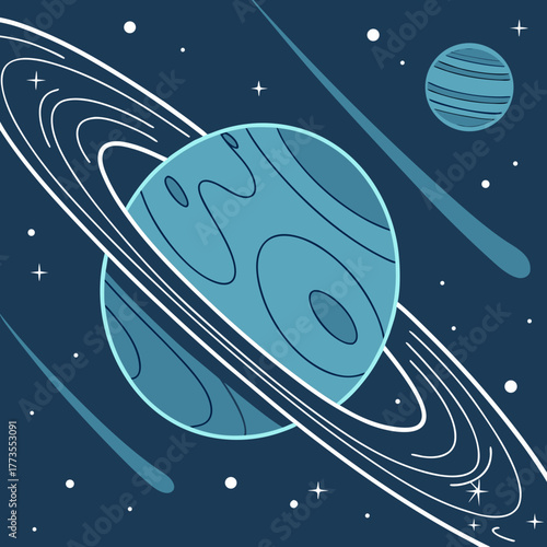 Blue planet with rings and comets in outer space