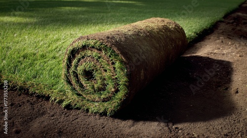 Fresh sod roll installation for a new lawn in the garden during daylight