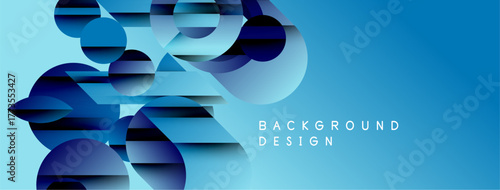 Abstract blue design features layered geometric shapes. Modern composition creates dynamic visual effect. Background suggests technology, innovation.