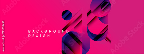 Bright pink backdrop features abstract blue shapes. Modern design elements create dynamic visual impact. Text reads background design.