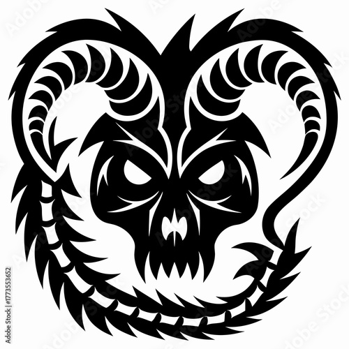 Stylized Demonic Skull Head with Majestic Horns in Intricate Tribal Tattoo Art Design