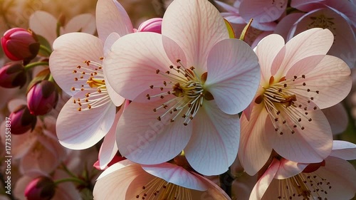 Delicate pink cherry blossom buds unfurling in warm sunlight, signaling the vibrant arrival of spring. Ai generative video