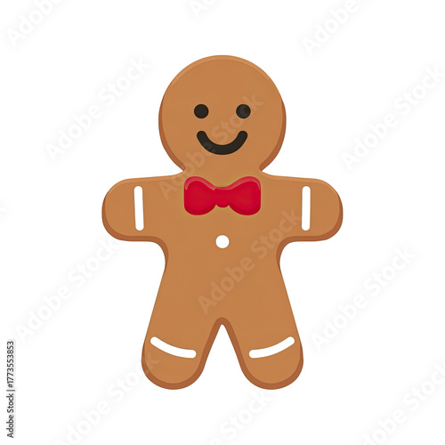 A smiling gingerbread man with a red bow tie