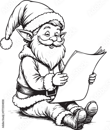 Christmas gnome sitting and reading long holiday list festive santa helper illustration