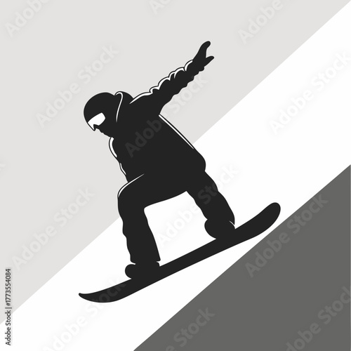 Silhouette of a snowboarder riding down a slope, vector