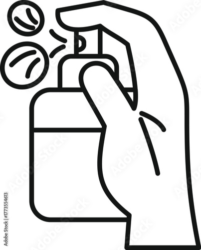 Hand using a disinfectant spray bottle, spraying and disinfecting, simple black and white line art