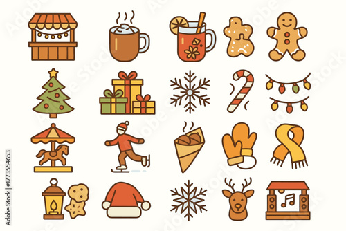 Traditional Christmas Market Icons – Festive Winter Line Art Collection