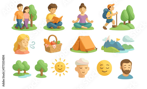 Mindfulness and Outdoor Relaxation 3D Icons – Meditation, Hiking, and Nature Wellness