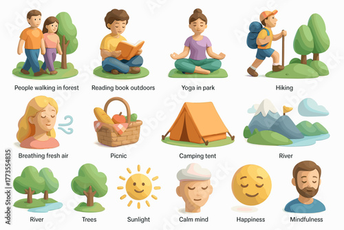 Mindfulness and Outdoor Activities 3D Icons – Meditation, Hiking, and Nature Relaxation