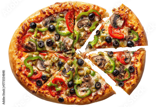 A delicious whole pizza with a slice missing, topped with veggies