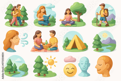 Mindfulness and Outdoor Relaxation 3D Icons – Meditation, Hiking, and Nature Wellness
