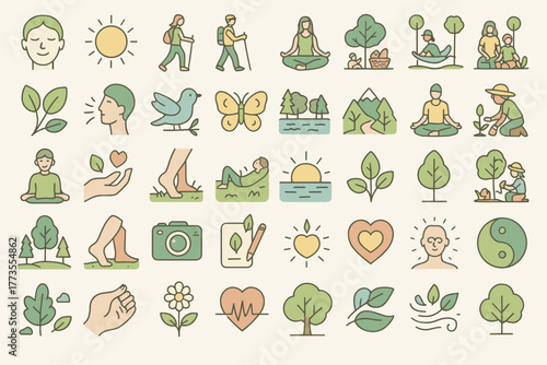Mindfulness and Nature Connection Icons – Relaxation, Outdoor Meditation, and Eco Wellness