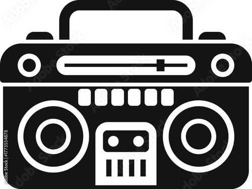 Black silhouette of a portable stereo boombox with radio tuner and cassette player, playing music
