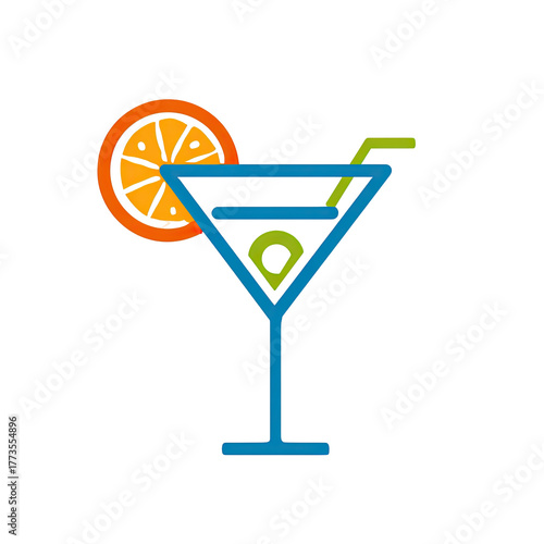 A stylized martini glass with an orange slice and olive garnish