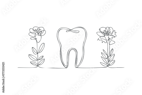 Continuous line drawing of a tooth with flowers