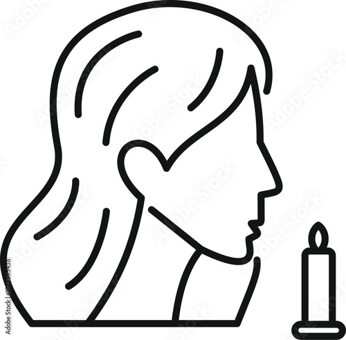 Simple line drawing of a woman extinguishing a candle flame, symbolizing remembrance, hope, or a wish
