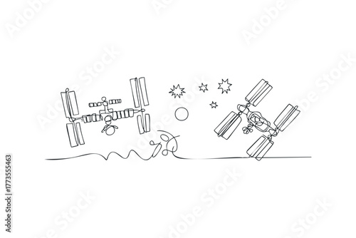 Space station orbital facility depicted with minimalist line art