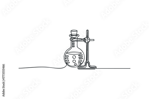 Flask with liquid on retort stand continuous line art