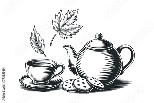Tea set with cookies and falling leaves