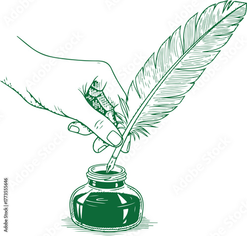 Hand holding feather pen dipping into inkwell artistic design vector
