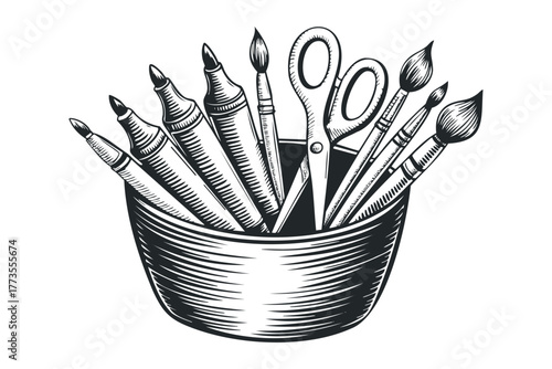 Collection of Markers and Paintbrushes in Holder