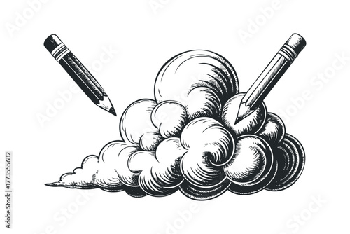 Sketch concept of pencils interacting with a stylized cloud