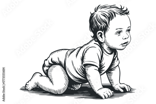 Infant crawling on hands and knees looking to the side