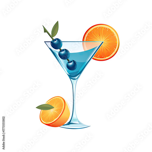 Refreshing blue cocktail with orange slice and berries