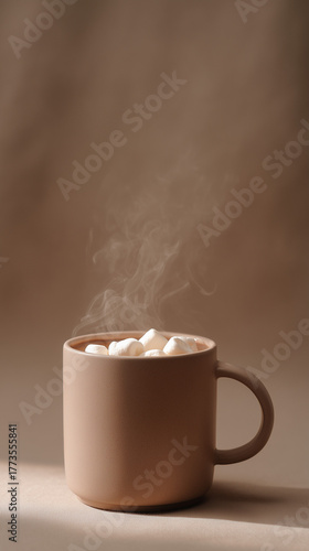 Matte mug of hot chocolate with marshmallows and soft steam