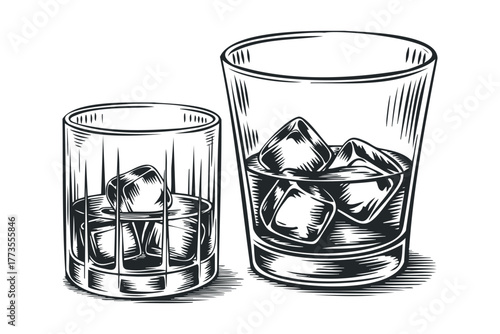 Two glasses with ice cubes and liquid