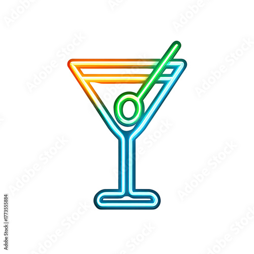 A neon martini glass with a vibrant glow on black background
