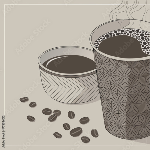 Hot espresso coffee mug with beans on a saucer for a morning breakfast drink in a cafe