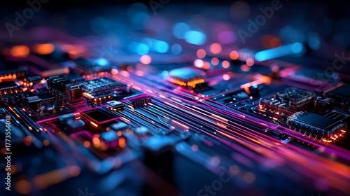 Glowing circuit board close up with vibrant neon blue and orange lights