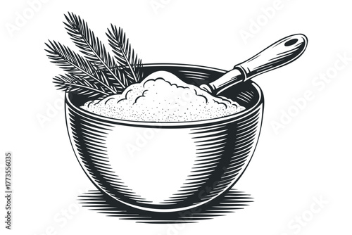 Bowl of flour with branches and scoop