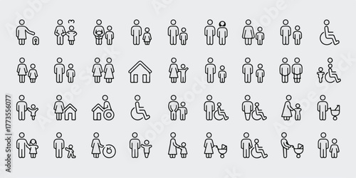 32 minimalist black and white family relationship icons in line art style, showing parents, children, pregnancy, baby care, stroller, and family togetherness in grid layout.