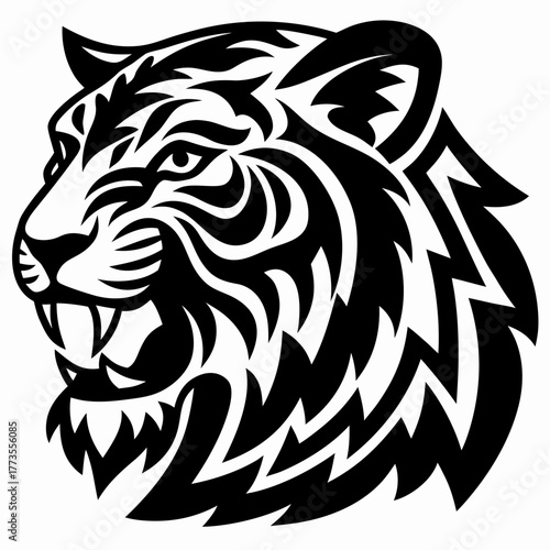 Dynamic Black and White Stylized Tiger Head Vector Illustration of a Roaring Wild Cat
