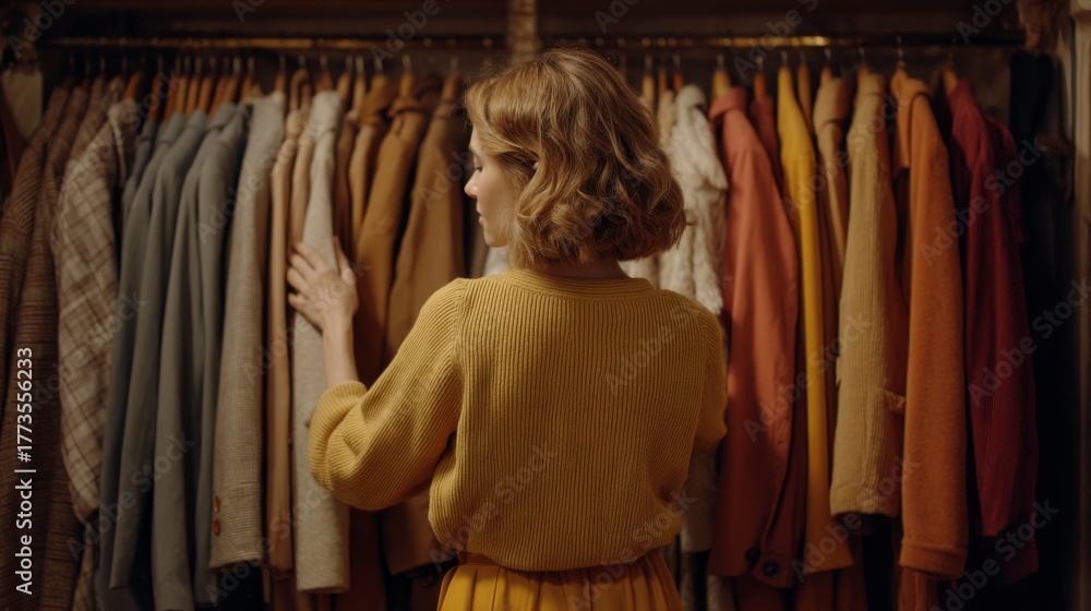 Fototapeta premium Woman choosing clothes in wardrobe with warm colored coats and blazers