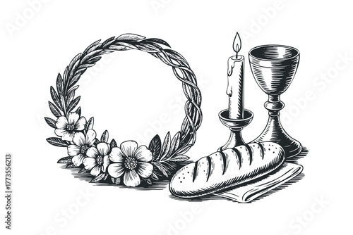 Floral wreath with communion bread candle and chalice