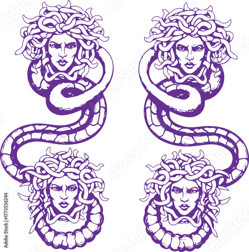 Mythical medusa heads with snake hair tattoo design elements vector