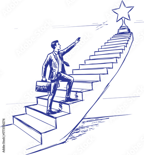 Businessman ascends stairway towards a shining star achievement vector