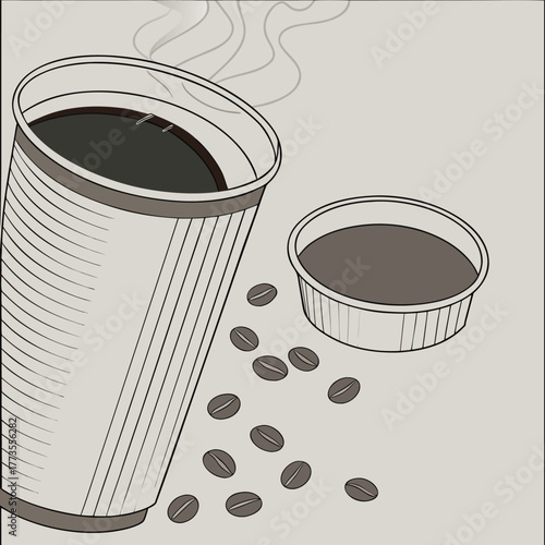 A vector illustration of a hot coffee cup containing a brown cappuccino drink for a morning breakfast at a cafe