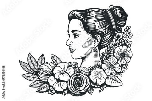 Profile of a woman adorned with floral elements