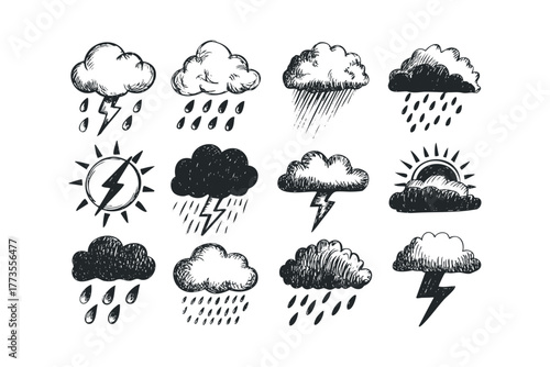 Hand Drawn Weather Symbols Featuring Clouds Rain and Lightning