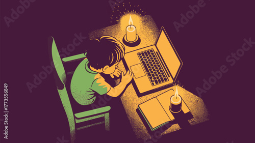 A boy using a laptop by candlelight with a book and chair in a dimly lit room illustration