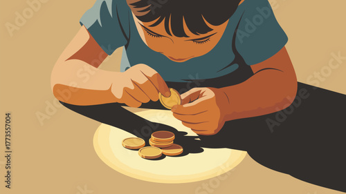 Illustration of a child stacking gold coins on a surface in a brightly lit environment