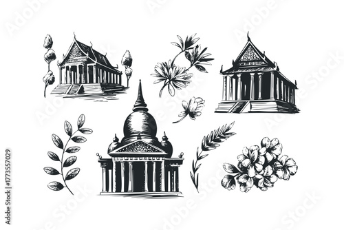 Traditional Asian temple architecture and floral sketches