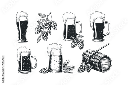 Collection of Beer Glasses, Hops and Wooden Barrel Line Art