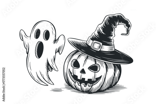 Spooky ghost and jack-o-lantern with witch hat