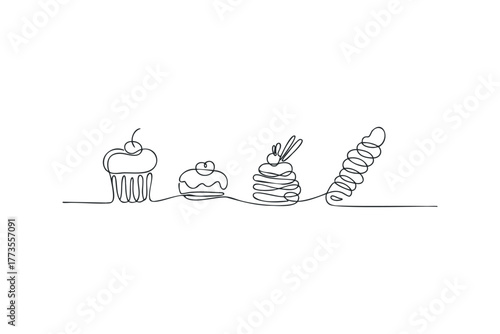Four continuous line drawings of desserts
